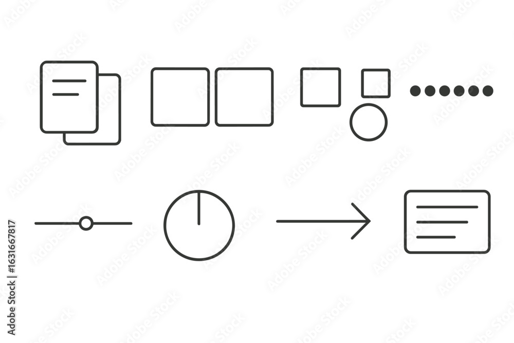 Poster minimalist design elements displayed including shapes, sliders, and arrows for digital interface con