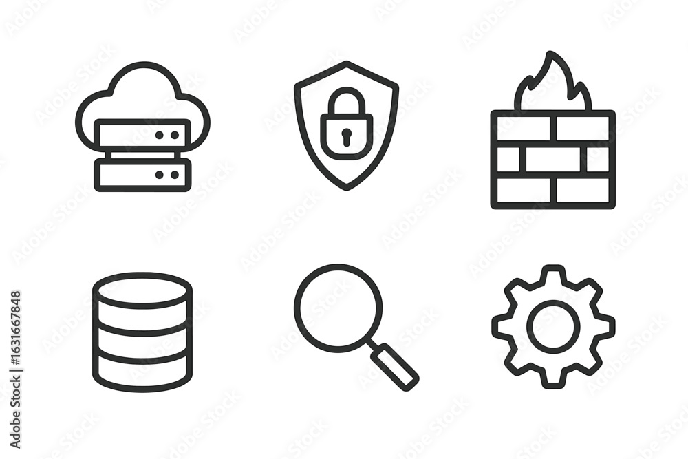 Poster icons representing cloud computing, cybersecurity, and data management technologies in a simple desi