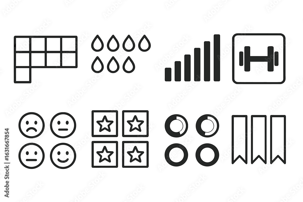 Poster icons representing various concepts in a minimalistic design on a clean background, showcasing emoti