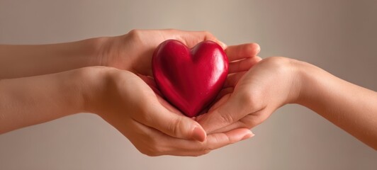 Obraz premium The beautiful red heart shared between two caring hands.