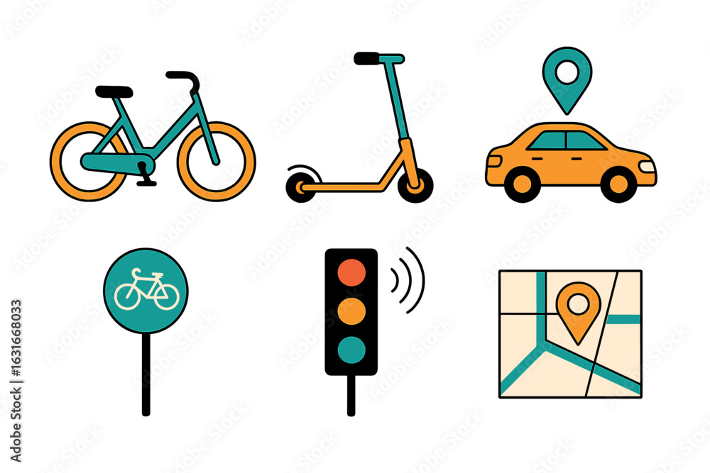 Poster transportation icons representing various modes of travel in a modern urban setting for easy navigat