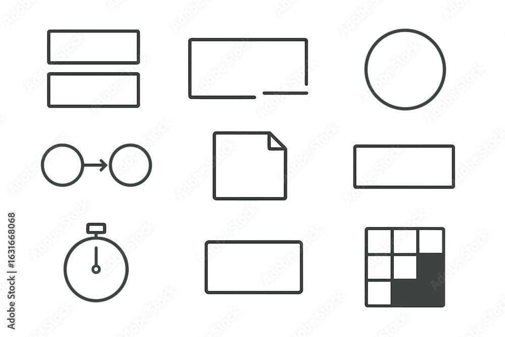 Poster various geometric shapes and icons arranged in a grid layout for design and illustration purposes