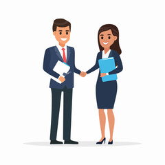 Fototapeta premium Editable flat vector of a business couple making a deal, shaking hands and holding folders, both in formal suits with a crisp white background