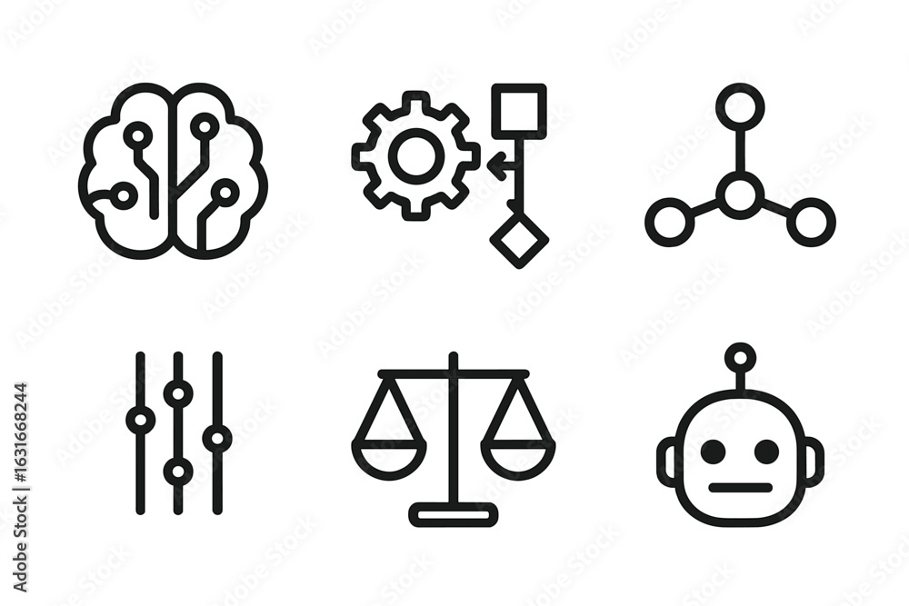 Poster icons representing artificial intelligence concepts and technology advancement with a focus on balan