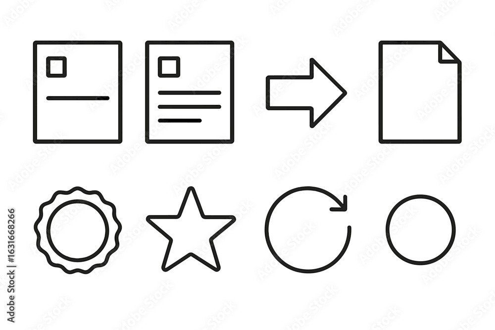 Aufkleber graphic icons depicting document transfer, certification, and circular actions with minimalistic des