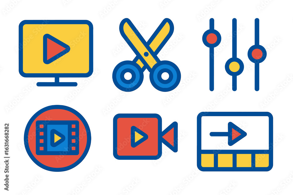 Aufkleber colorful icons representing video editing tools and features on a digital platform for enhancing med