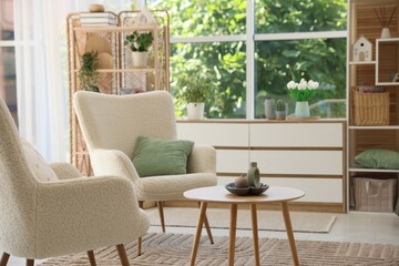 Comfortable armchairs and other furniture in living room. Interior design
