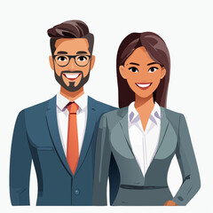 Minimalist vector illustration of a business duo in formal suits, crossing their arms and looking confident, corporate style with a pure white backdrop