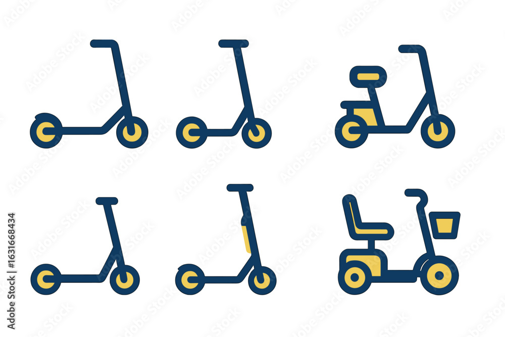 Poster various designs of scooters and e-bikes displayed in a simple layout for illustrative purposes in a 