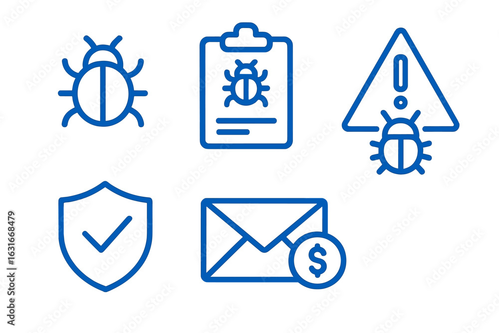 Poster icons representing cybersecurity threats and solutions in a digital environment focused on bug ident