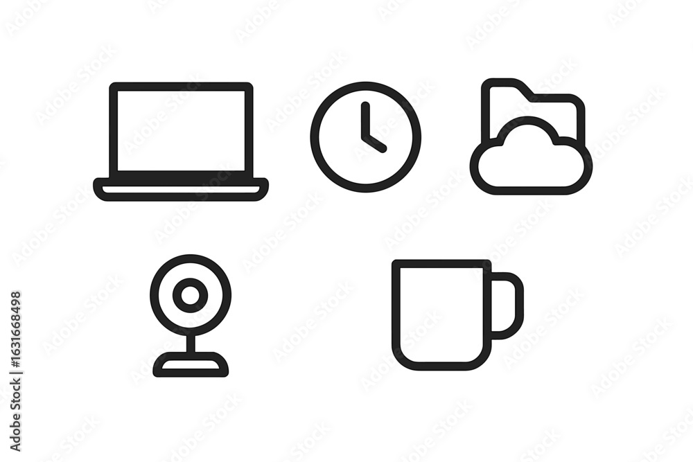 Poster icons representing remote work tools and time management in a digital workspace environment