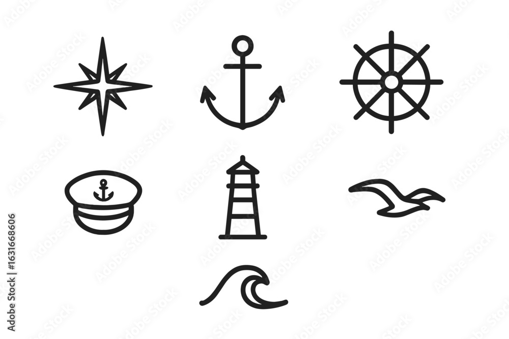 Poster marine symbols represent navigation and coastal elements in simple line art style