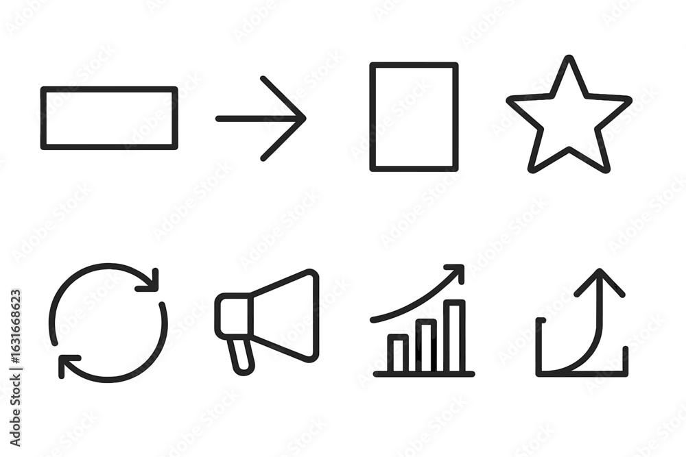 Poster series of simple vector icons illustrating concepts such as growth, direction, and communication in 