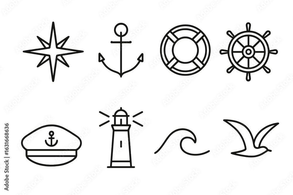 Poster nautical symbols representing maritime elements including navigation and safety at sea with a minima