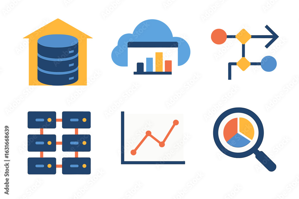 Poster data management concepts illustrated with cloud, charts, and server icons for technology and analyti