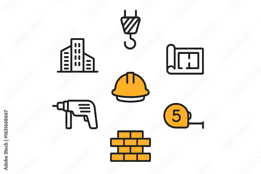 Poster construction tools and symbols represent building process in urban environment with focus on archite