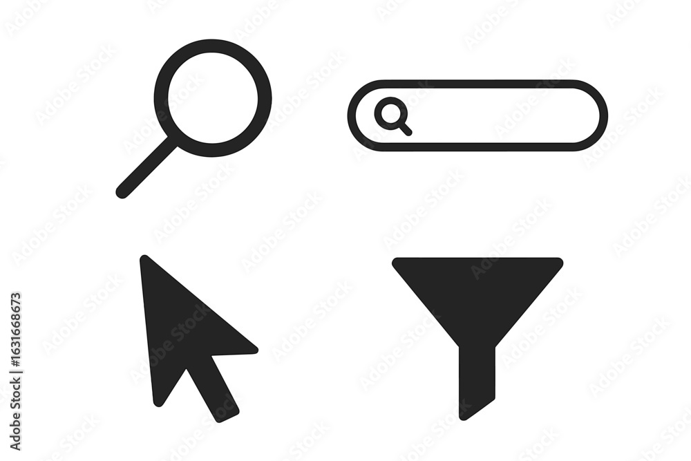 Aufkleber icons representing search, navigation, and filtering tools in a digital interface design