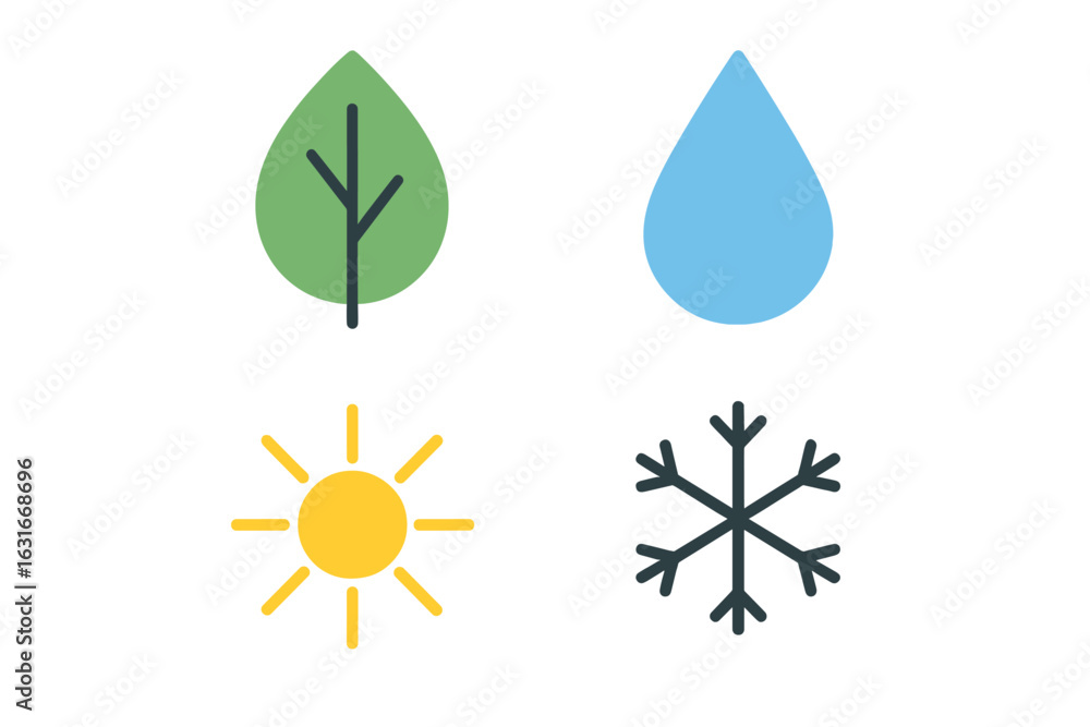 Poster elements of nature represented with simple graphics in a minimalist style showcasing a leaf, raindro