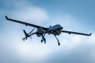 Gray military drone in flight against a partly cloudy sky