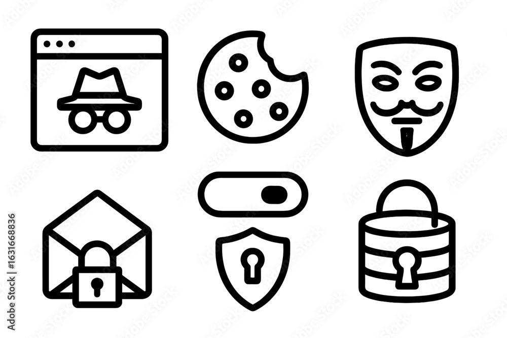 Poster illustrations of digital security concepts showcasing various aspects of online privacy and protecti
