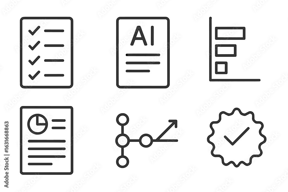Poster graphic illustration featuring checklist, reports, charts, and ai documents related to data analysis