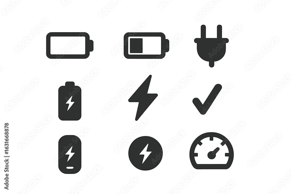 Aufkleber various battery and charging icons in simple black design for digital applications and user interfac