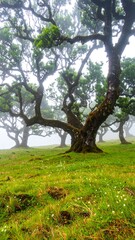 Misty forest with ancient trees