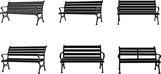 Park bench vector set, black silhouette and outline, various vintage and modern outdoor seating illustrations, side and front views.