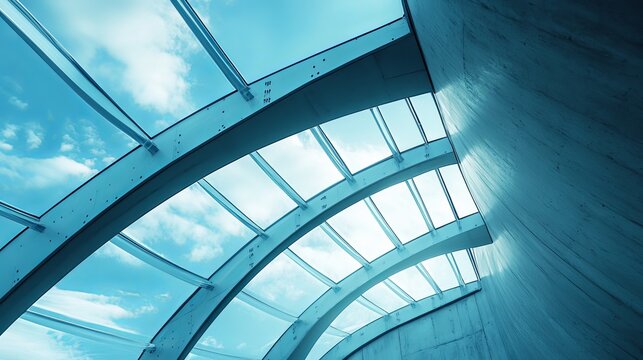 Looking up at a modern glass ceiling with metal beams and a view of the blue sky and white clouds - Powered by Adobe