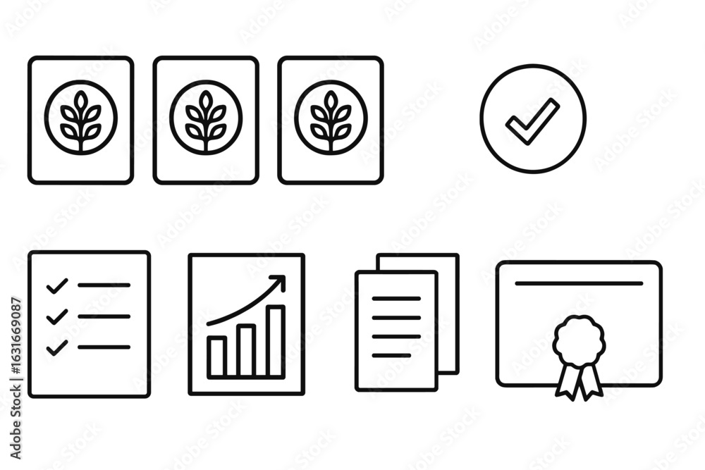 Poster digital illustrations of trees, checkmarks, and certificates represent verification and achievement 