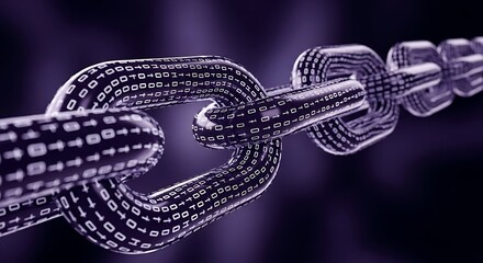 A 3D rendering of a digital chain with binary code patterns