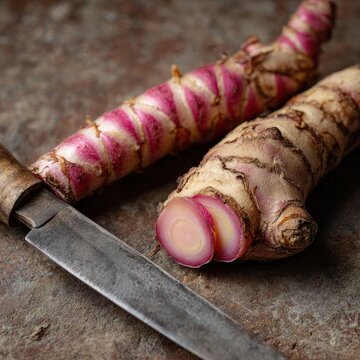 Two oca tubers with pink hues next to a rustic knife on textured stone background