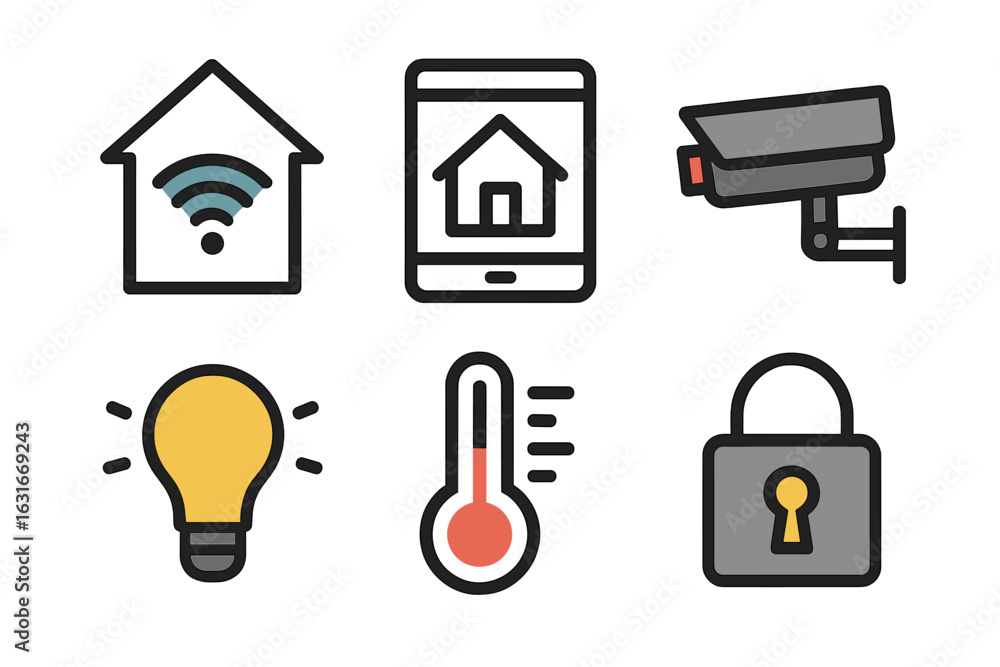 Poster home automation symbols representing smart technology integration and security systems for modern li