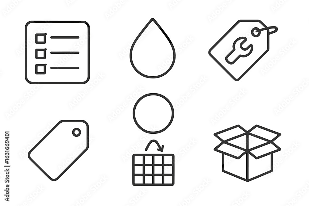 Poster collection of simple icons representing various concepts related to organization, maintenance, and p