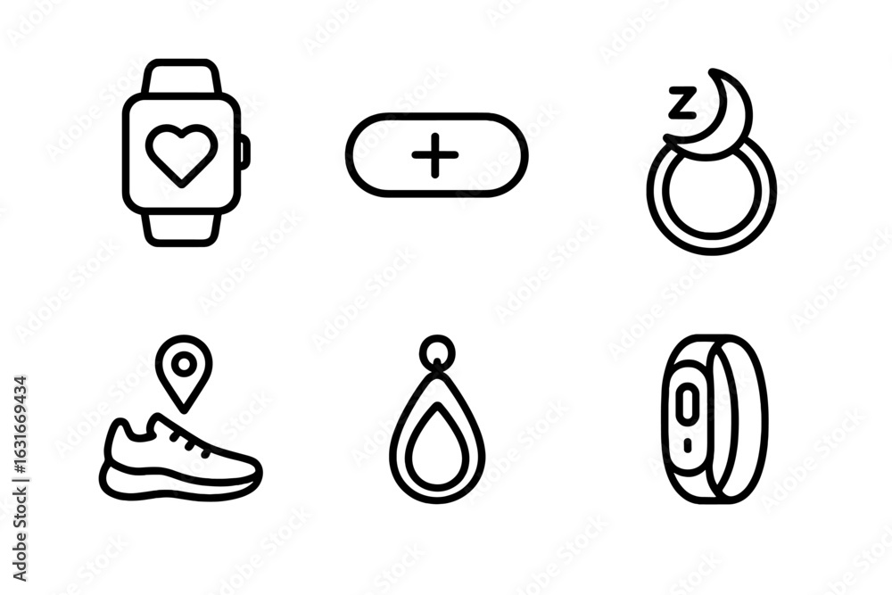 Poster smart wearable devices and health tracking icons displayed on white background for fitness enthusias