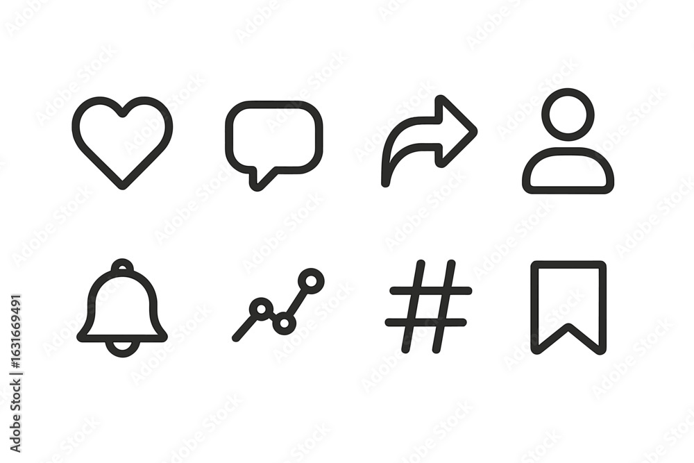Poster collection of simple line icons representing social media interactions and notifications on a white 