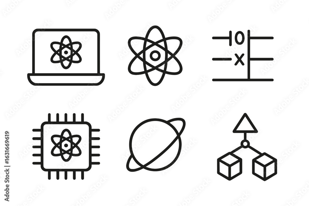 Poster collection of science and technology icons featuring atoms, planets, and circuits in minimalistic de