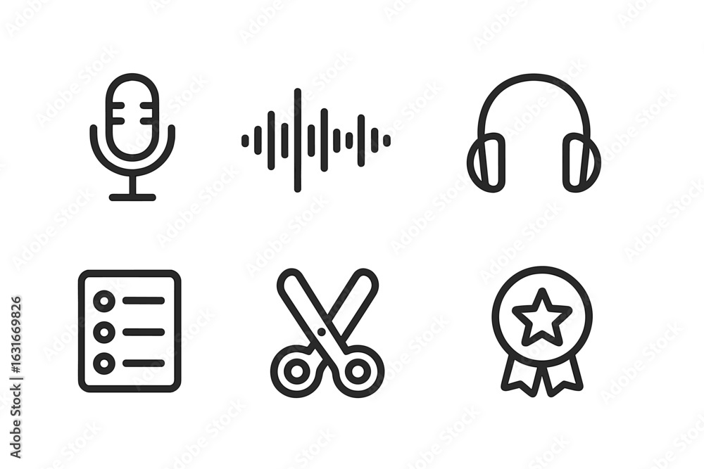 Poster icons representing audio features such as sound recording, playback, and editing tools in a minimali