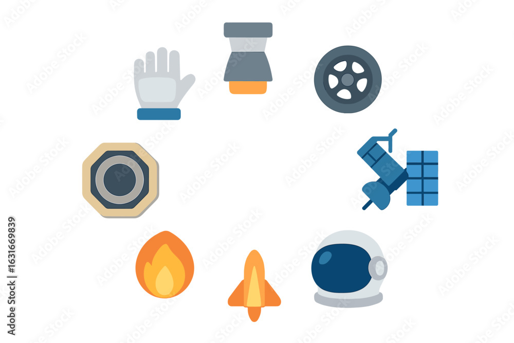 Poster exploring space technology and its components through various symbols and imagery
