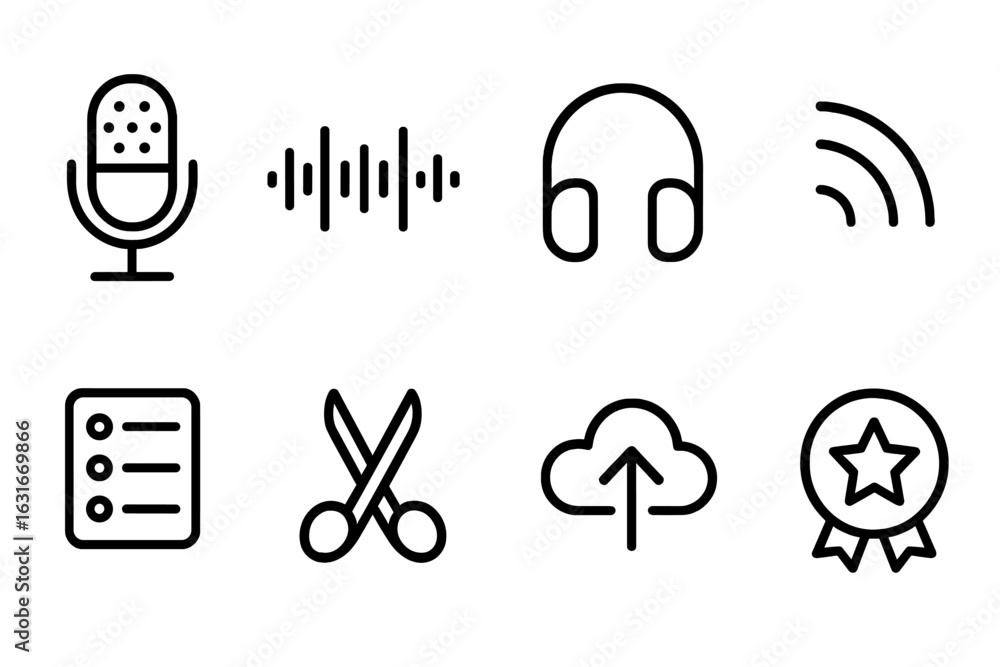 Poster icons representing audio production and streaming concepts in a minimalist design suitable for digit