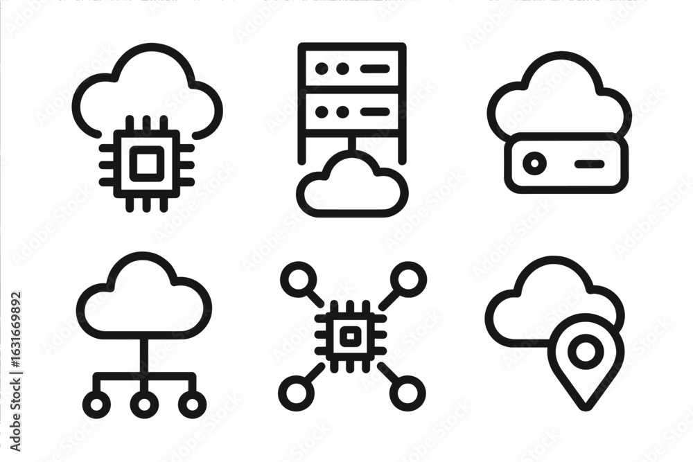 Poster cloud computing symbols illustrating storage, processing, and connectivity in a digital environment