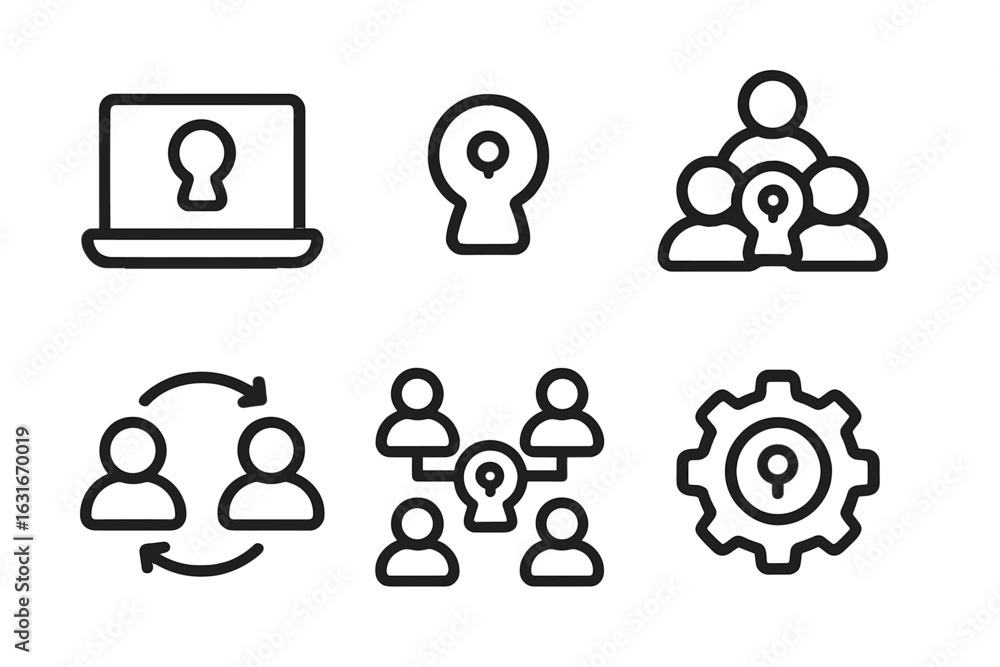 Poster icons representing cybersecurity and data protection concepts in a modern digital environment