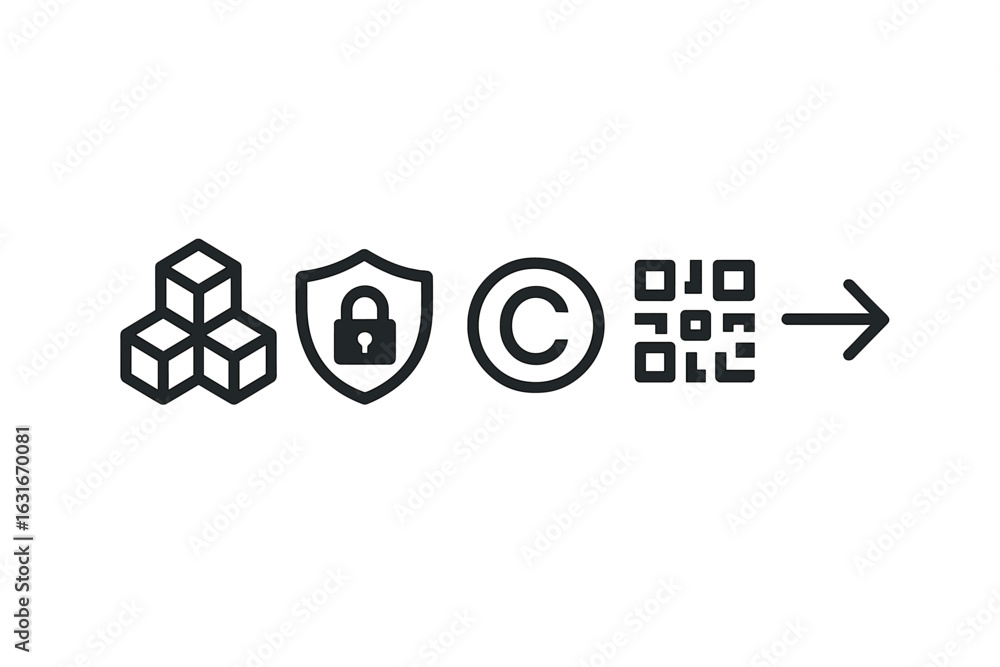 Poster symbols representing data security, copyright, and digital identification in a linear arrangement