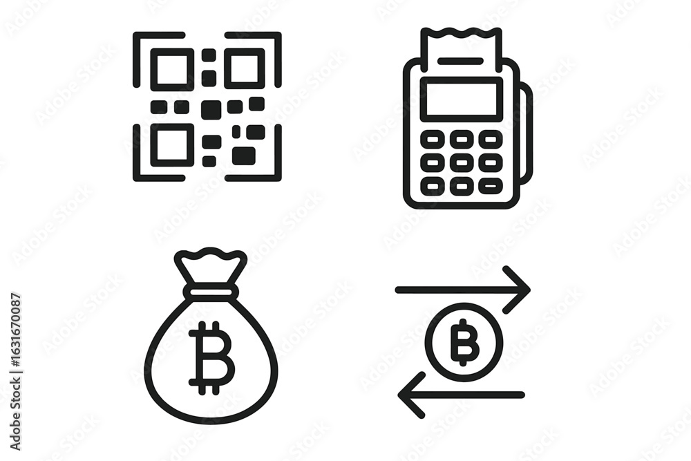 Poster qr codes, payment terminals, and cryptocurrency symbols represent modern digital transactions and pa