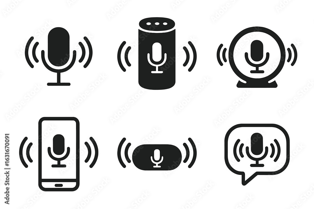 Aufkleber various styles of microphones and voice recognition devices in a modern digital setup for recording