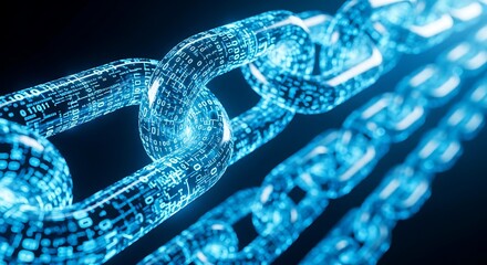 A closeup of a glowing blue digital blockchain