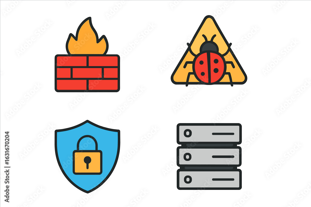 Poster concepts of cybersecurity represented by icons illustrating firewall, malware, encryption, and serve
