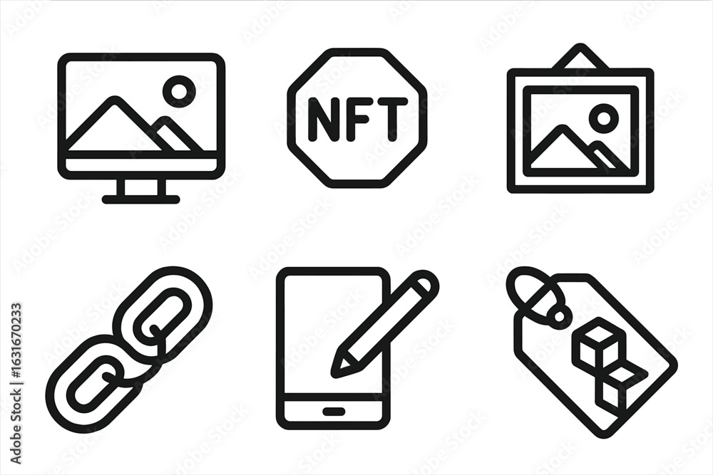 Poster symbols illustrating digital content, blockchain technology, and nft concepts in a minimalist design