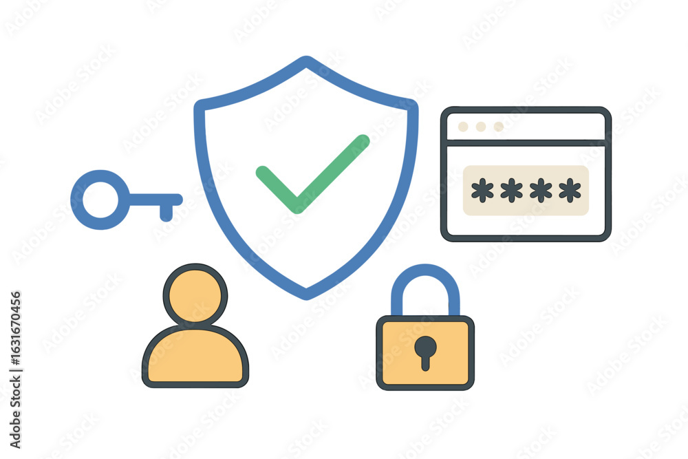 Poster security concepts illustrating online safety with a shield, key, lock, password prompt, and user ico