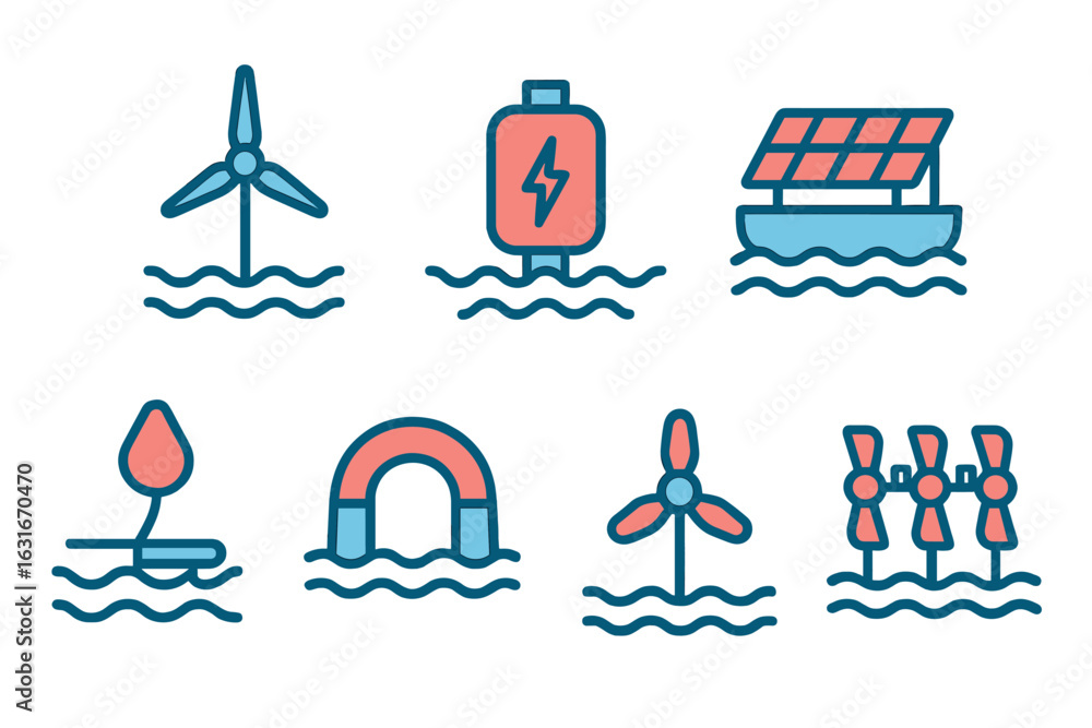 Poster renewable energy symbols representing various technologies in a minimalistic design on a water backg